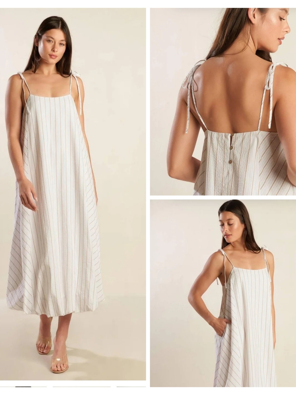 Flying Tomato Cream Midi Dress with Tan Pinstripes